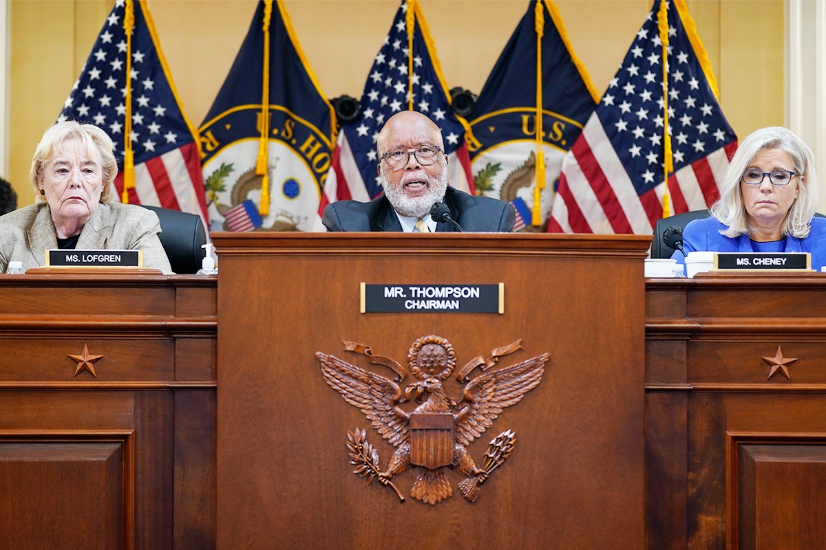 Chairman Bennie Thompson, D-Miss., center, gives opening statements as the House select committee investigating the Jan. 6 attack on the U.S. Capitol holds its first public hearing to reveal the findings of a year-long investigation, on Capitol Hill, Thursday, June 9, 2022, in Washington. Rep. Zoe Lofgren, D-Calif., left, and Vice Chair Liz Cheney, R-Wyo., listen.